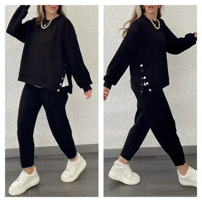 💕Set din două piese la modă pentru femei, compus din bluză și pantaloni în culoare solidă